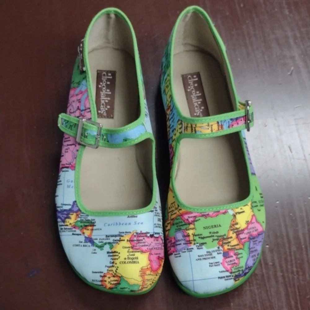 Chocolaticas Mary Jane Green and Blue World Map Flats with Strap, (2004) - Picture 1 of 9